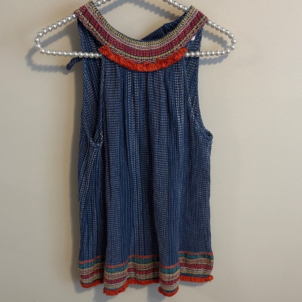 THML size large Boho Embroidered Navy Sleeveless Women’s Top